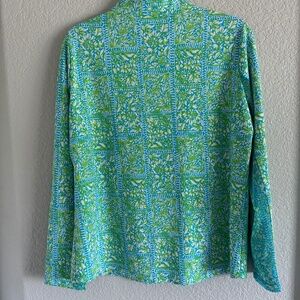 IBKUL IBCOOL Josie Print Long Sleeve Zip Mock Neck Top Turquoise/Lime XL